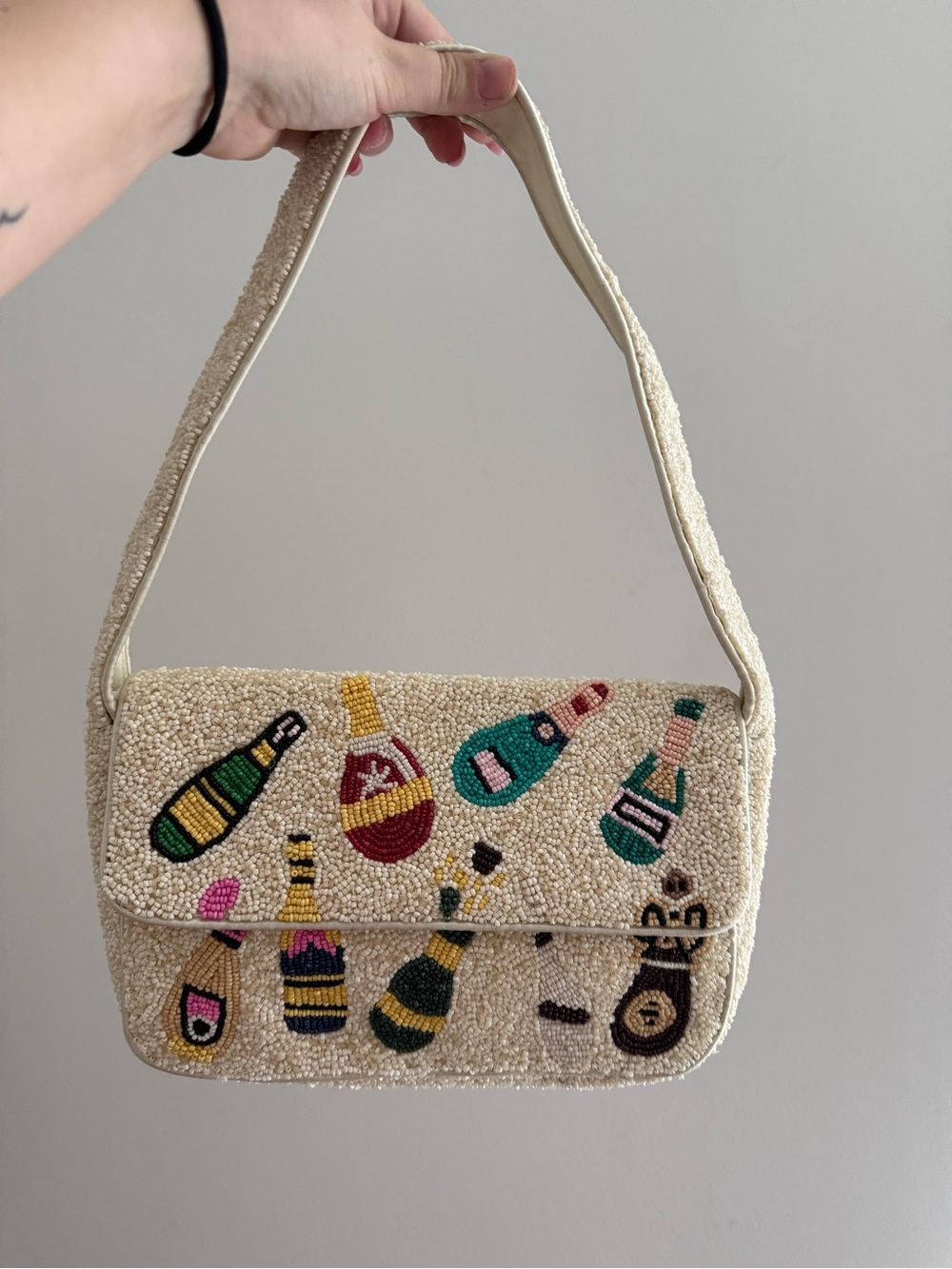 Beaded Cream Champagne Bottle Shoulder Bag